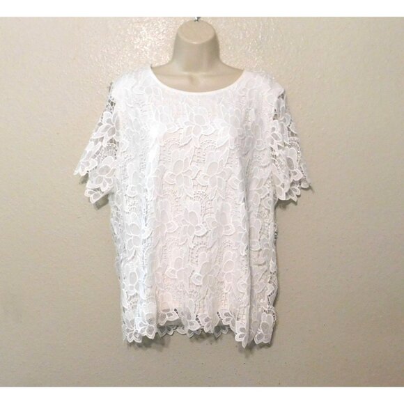 Philosophy Tops - Philosophy Lace Overlay Top XL White Floral Short Sleeve Scoop Neck Lined